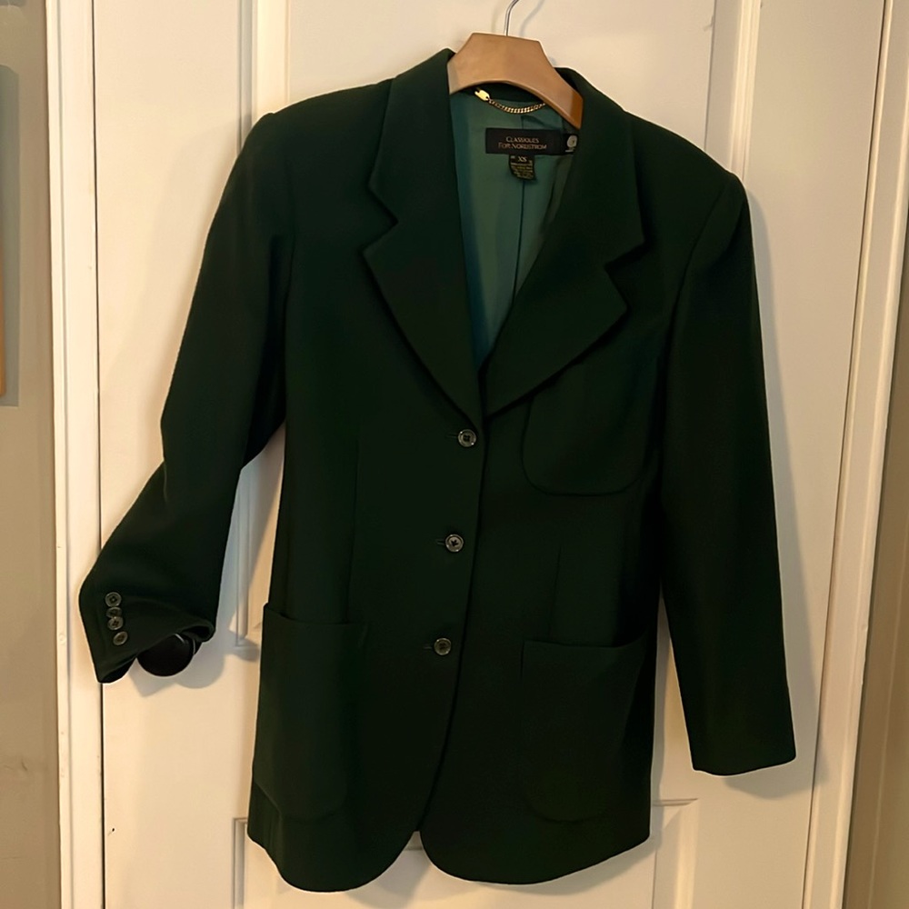 Kelly Green Wool blazer with matching skirt.